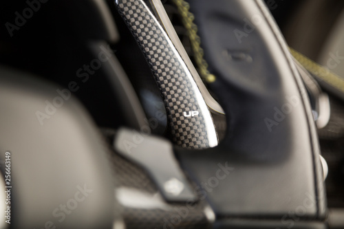 Close up of paddle shift in carbon fibre