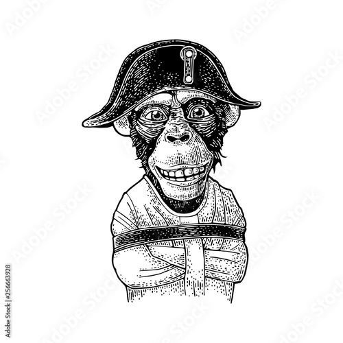 Monkey dressed in the french military uniform and cap. Vintage black engraving