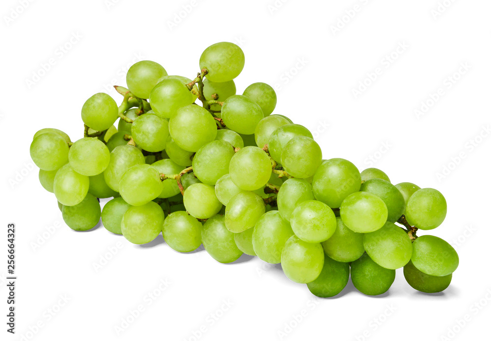 Fresh bunch of green grapes. White isolated background. Close-up. Side view. Fresh bunch of green grapes. White isolated background. Close-up. Side view.