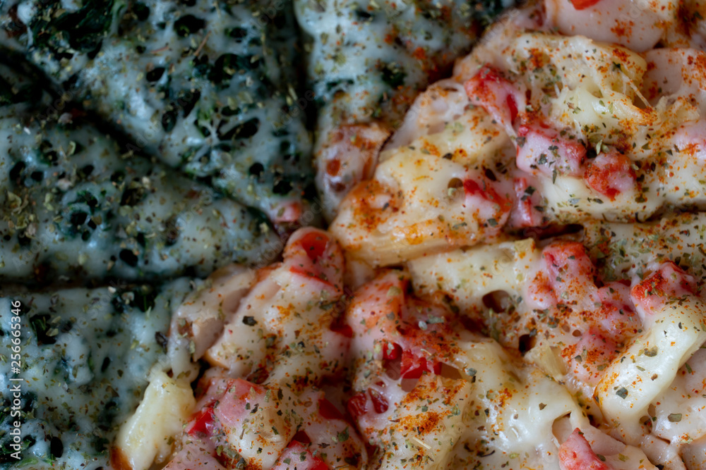 Top view cutting Ham pizza, crab crab, baked spinach, cheese. Top view cutting Ham pizza, crab crab, baked spinach, cheese.