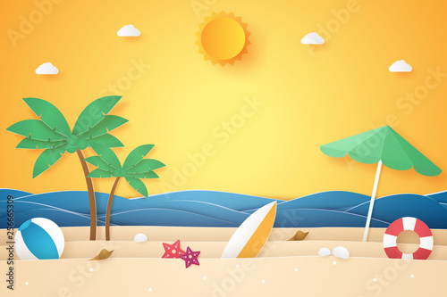 Fototapeta Czas letni, morze i plaża z palmami kokosowymi i tym podobne, papierowy styl