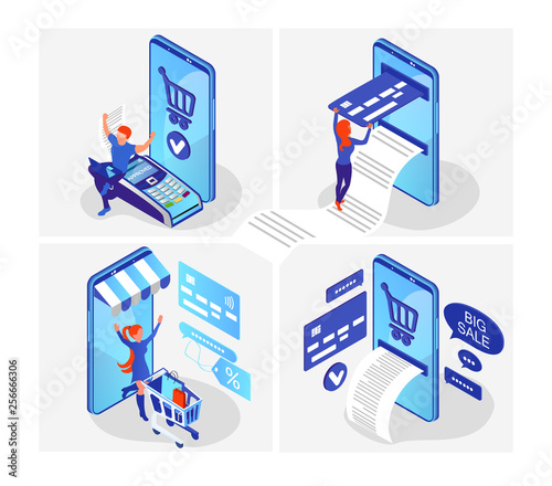 Isometric flat online shopping.  Shopping and payment wia smartphone. Mobile marketing and e-commerce. Vector illustration on a white background photo