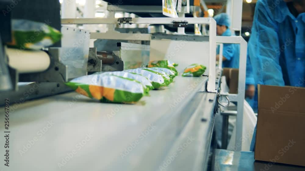 Factory workers puts bags with chips into a box from a conveyor.