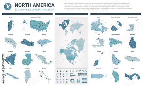 Vector maps set. High detailed 23 maps of North American countries with administrative division and cities. Political map, map of America continent, world map, globe, infographic elements.
