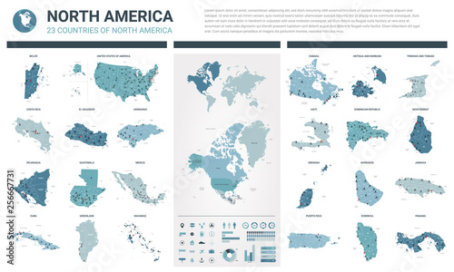 Vector maps set.  High detailed 23 maps of North American countries with administrative division and cities. Political map, map of America continent, world map, globe, infographic elements.