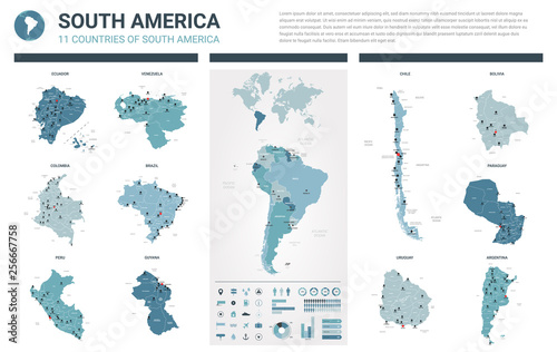 Vector maps set. High detailed 11 maps of South America countries with administrative division and cities. Political map, map of America continent, world map, globe, infographic elements.