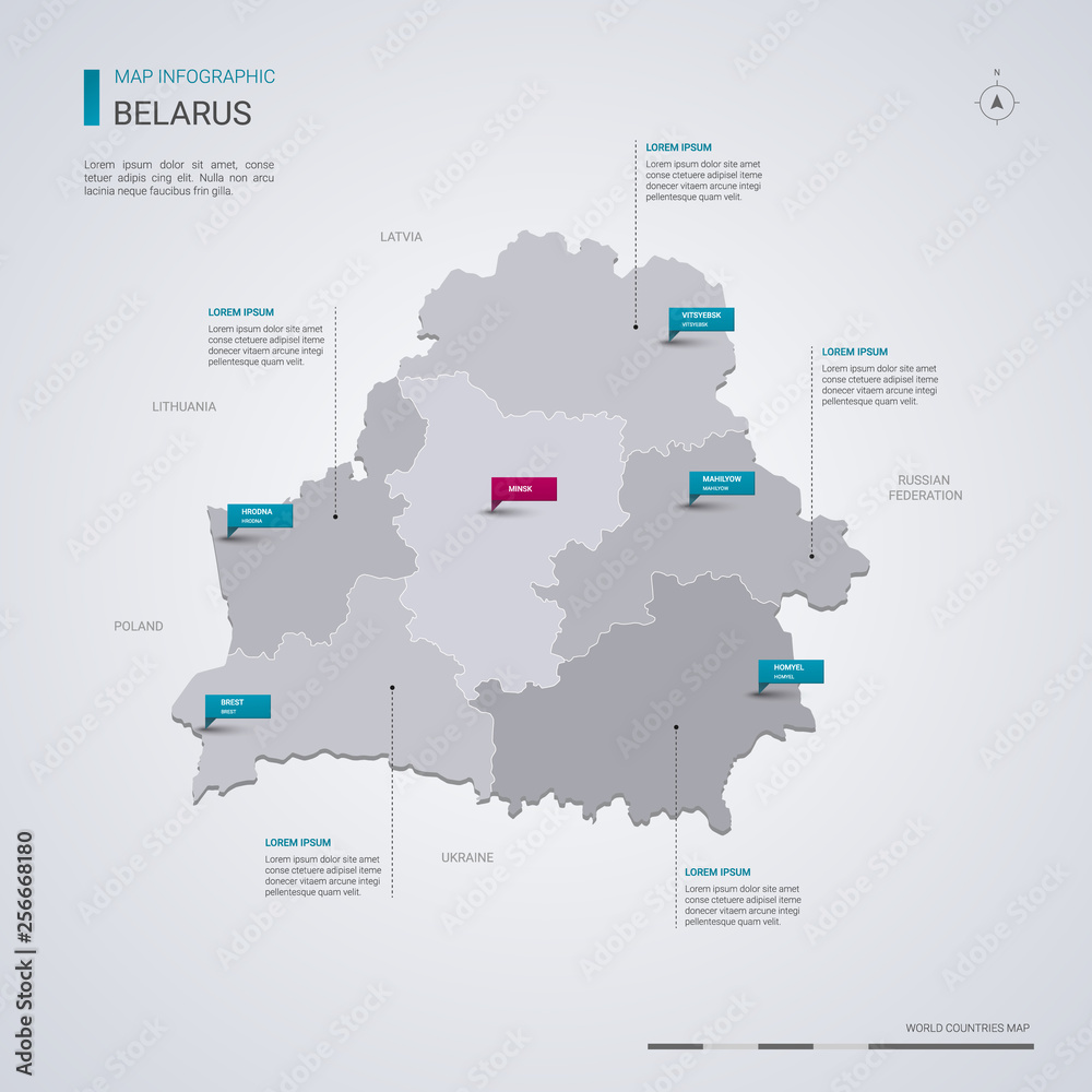 Belarus vector map with infographic elements, pointer marks. Belarus vector map with infographic elements, pointer marks.
