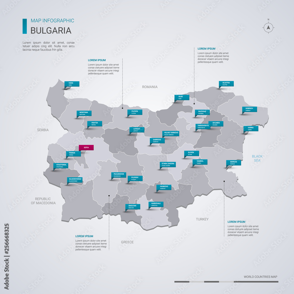 Bulgaria vector map with infographic elements, pointer marks.