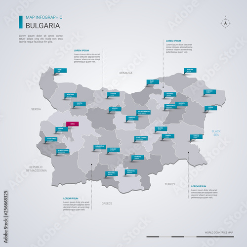 Bulgaria vector map with infographic elements, pointer marks.