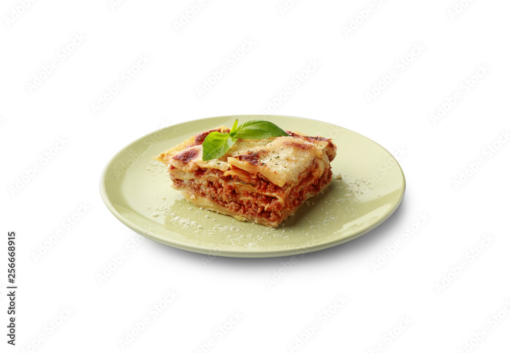 Plate with tasty baked lasagna on white background Plate with tasty baked lasagna on white background