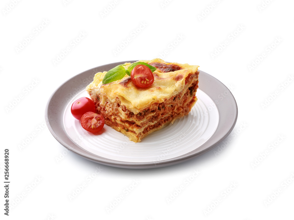 Plate with tasty baked lasagna on white background Plate with tasty baked lasagna on white background