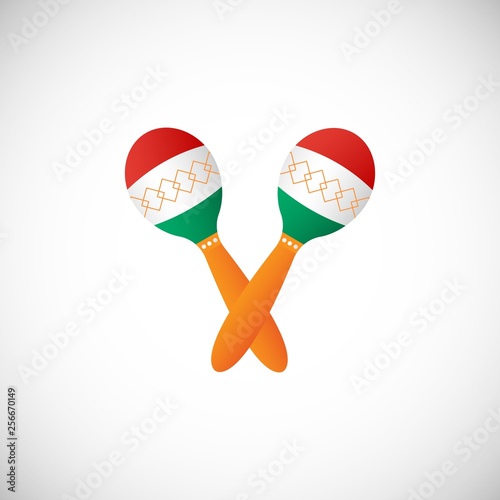 Maraca or rumba shaker, chac-chac. Musical instrument in the colors of the national mexican flag. Carnival, party, May 5 holiday, masquerade, festive accessories. Vector illustration.