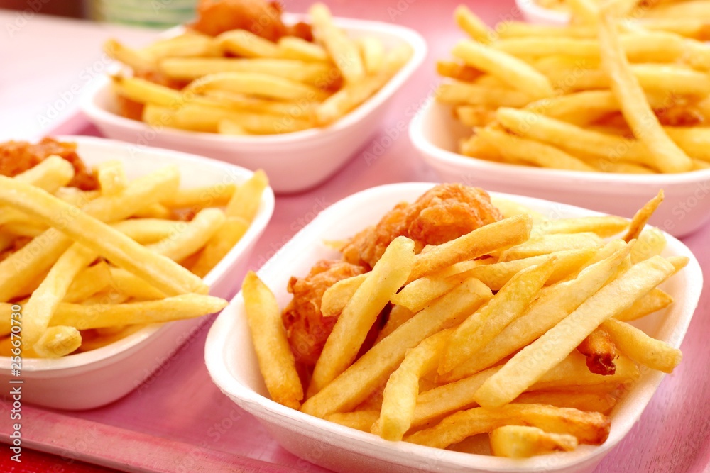 French fries and fried nuggets in market French fries and fried nuggets in market