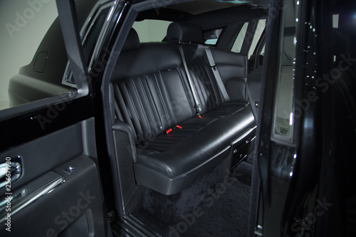 Black leather passenger seats of car