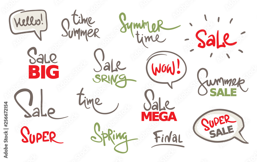 Spring and summer discounts. Set Handwritten calligraphy, banner, title. Vector illustration.	