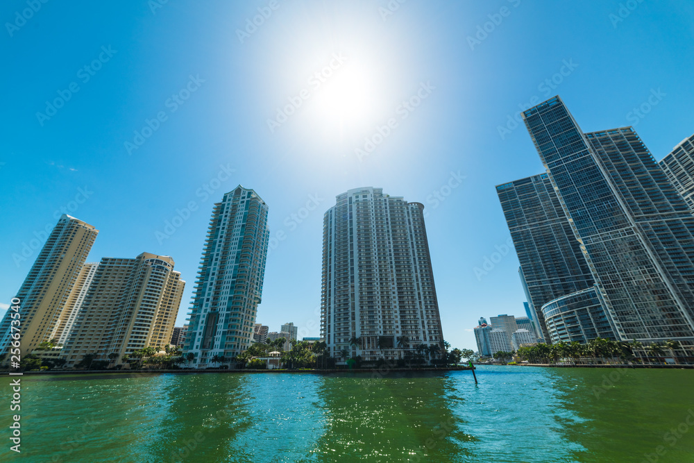Fototapeta premium Skyscrapers in downtown Miami seen from the river walk