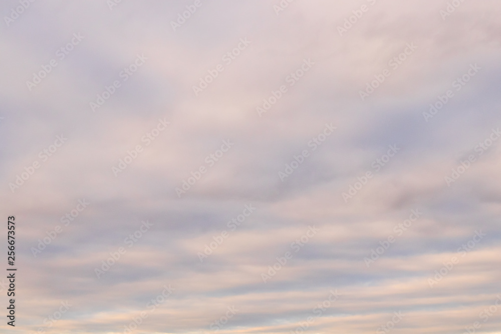 Spring evening sky background with white and grey layered clouds on warm sunset