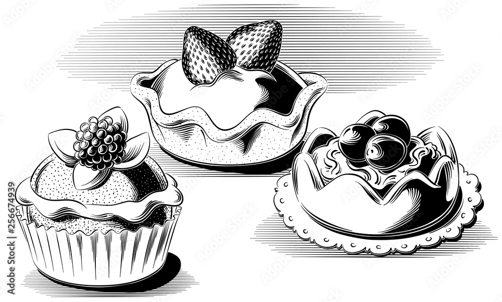 Three cream and fruit pastries, on a background, in black and white vector. Three cream and fruit pastries, on a background, in black and white vector.