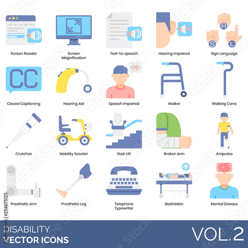 Disability icons including screen reader, magnification, text to speech, hearing impaired, sign language, closed captioning, aid, walker, walking cane, crutches, mobility scooter, stair lift, amputee.