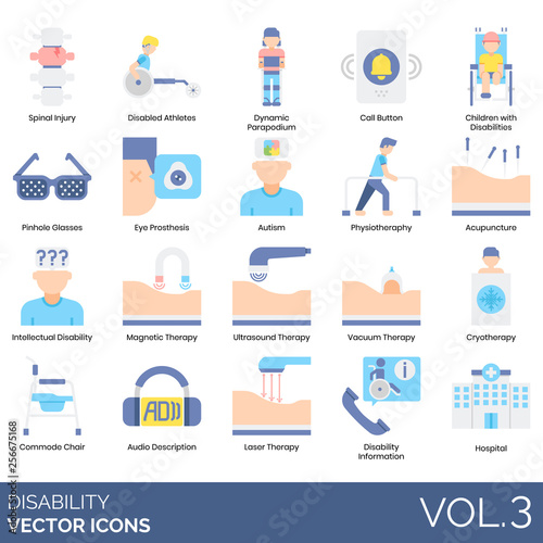 Disability icons including spinal injury, disabled athletes, dynamic parapodium, call button, children, pinhole glasses, eye prosthesis, autism, physiotherapy, acupuncture, intellectual, ultrasound.