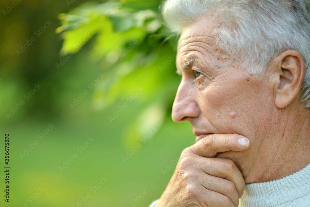 Close-up portrait of serious senior man in park on green background Close-up portrait of serious senior man in park on green background