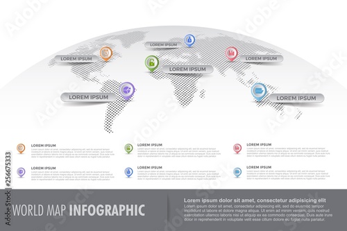 Light halftone world map infographic template, icon with color pointer