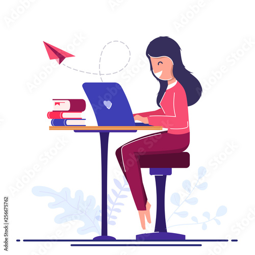 Freelancer worker concept. Online learning. A freelance girl does work from home or anywhere in the world. On the background of books and paper aircraft.
