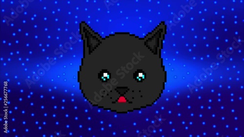 The pixel cat moves with his eyes and shows the tongue against the background of space and stars. Ready to use in any project.