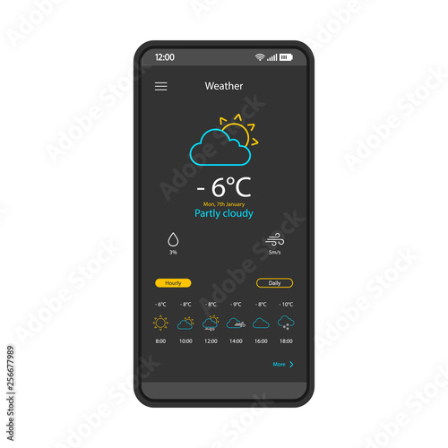 Weather forecast smartphone app interface vector template