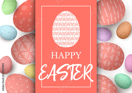 Happy Easter greeting card. Eggs template with text. Colorful easter eggs with coral copy space. Abstract simple ornaments.