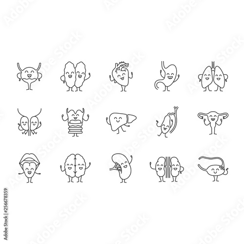 Smiling human internal organs characters linear icons set