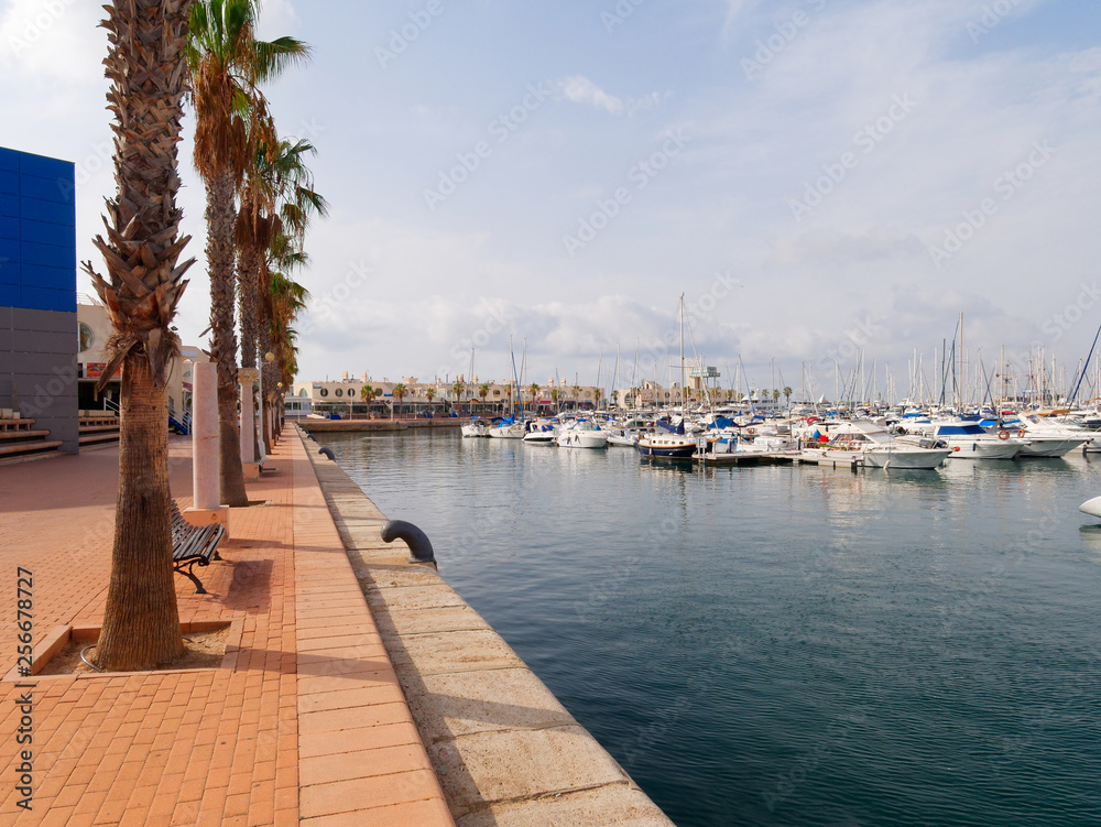 Beautiful promenade in Alicante. View of palm trees and port. Spain.