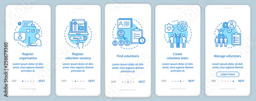 Volunteers finding onboarding mobile app page screen with linear concepts