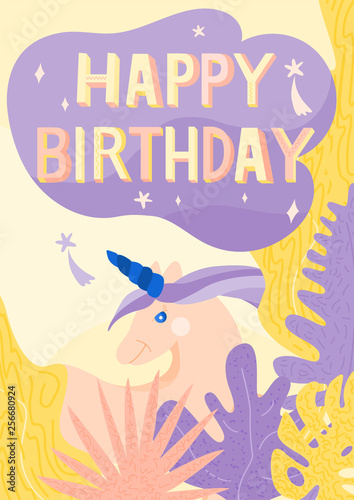 Fun  colorful and original birthday greetings with cute unicorn and tropical leaves. Posrcard for birthday  anniversary  party invitations  scrapbooking. Vector illustration