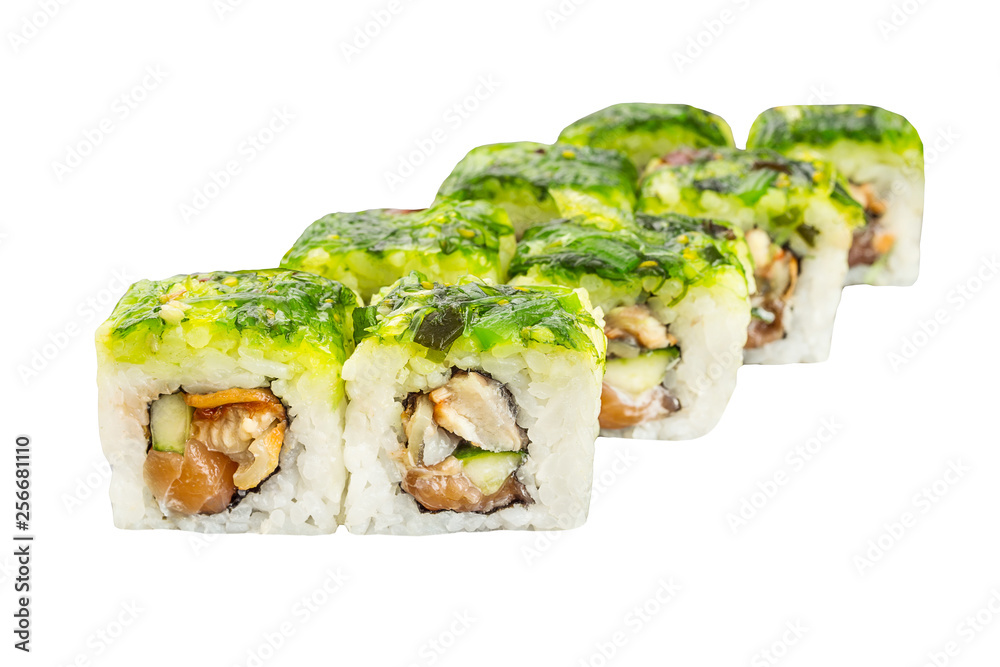 Classical roll sushi with salmon, smoked eel and avocado isolated on white background for menu. Japanese food Classical roll sushi with salmon, smoked eel and avocado isolated on white background for menu. Japanese food