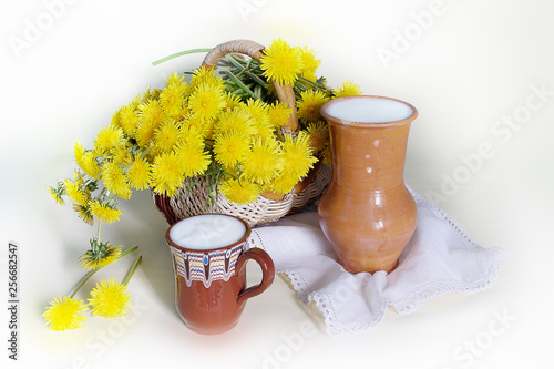 Still life with yellow dandelions in a vase and a jug of milk on a white kitchen background