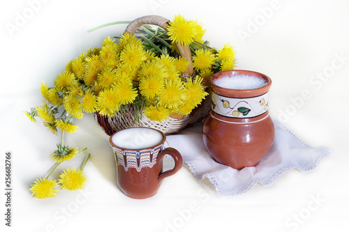 Still life with yellow dandelions in a vase and a jug of milk on a white kitchen background