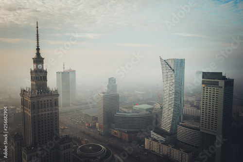 Warsaw Palace of Culture and Scienc foggy city Poland