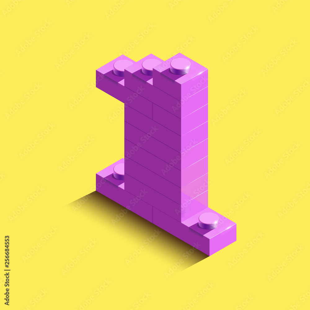 3d isometric pink number One from brick on yellow background. 3d number from building bricks. Realistic number 3d isometric pink number One from brick on yellow background. 3d number from building bricks. Realistic number