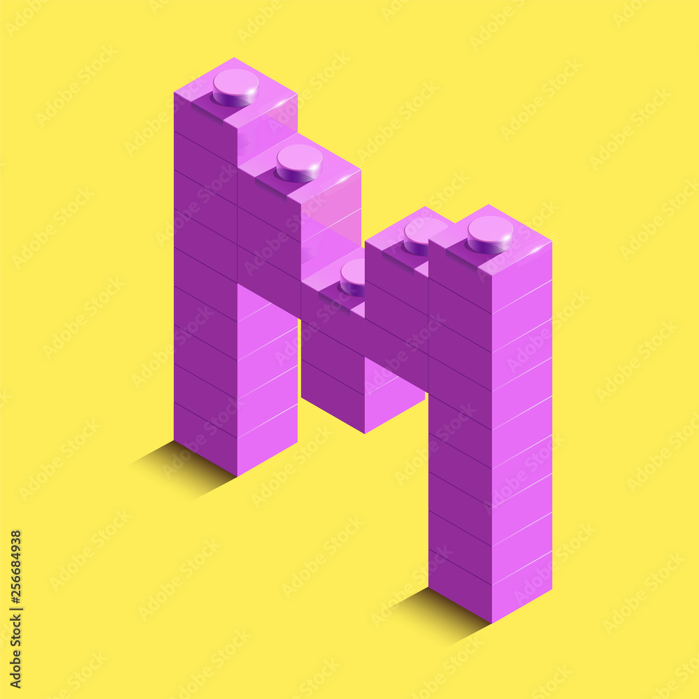 Realistic pink 3d isometric letter M of the alphabet from constructor bricks. Pink 3d isometric plastic letter from the building blocks.3d letters Realistic pink 3d isometric letter M of the alphabet from constructor bricks. Pink 3d isometric plastic letter from the building blocks.3d letters