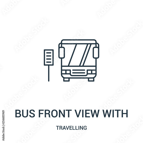 bus front view with sign icon vector from travelling collection. Thin line bus front view with sign outline icon vector illustration. Linear symbol.