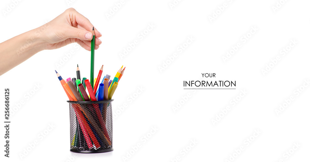 Naklejka premium Stand for pencils colour pencils markers in hand pattern on white background isolation