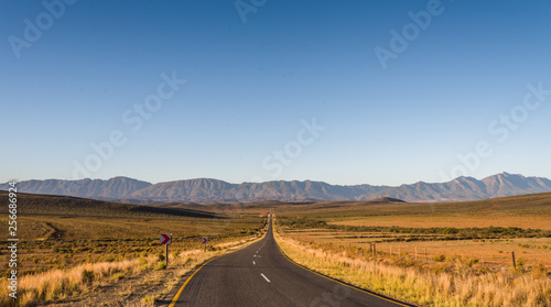 Little karoo in South Africa, road  and moutain in the back photo