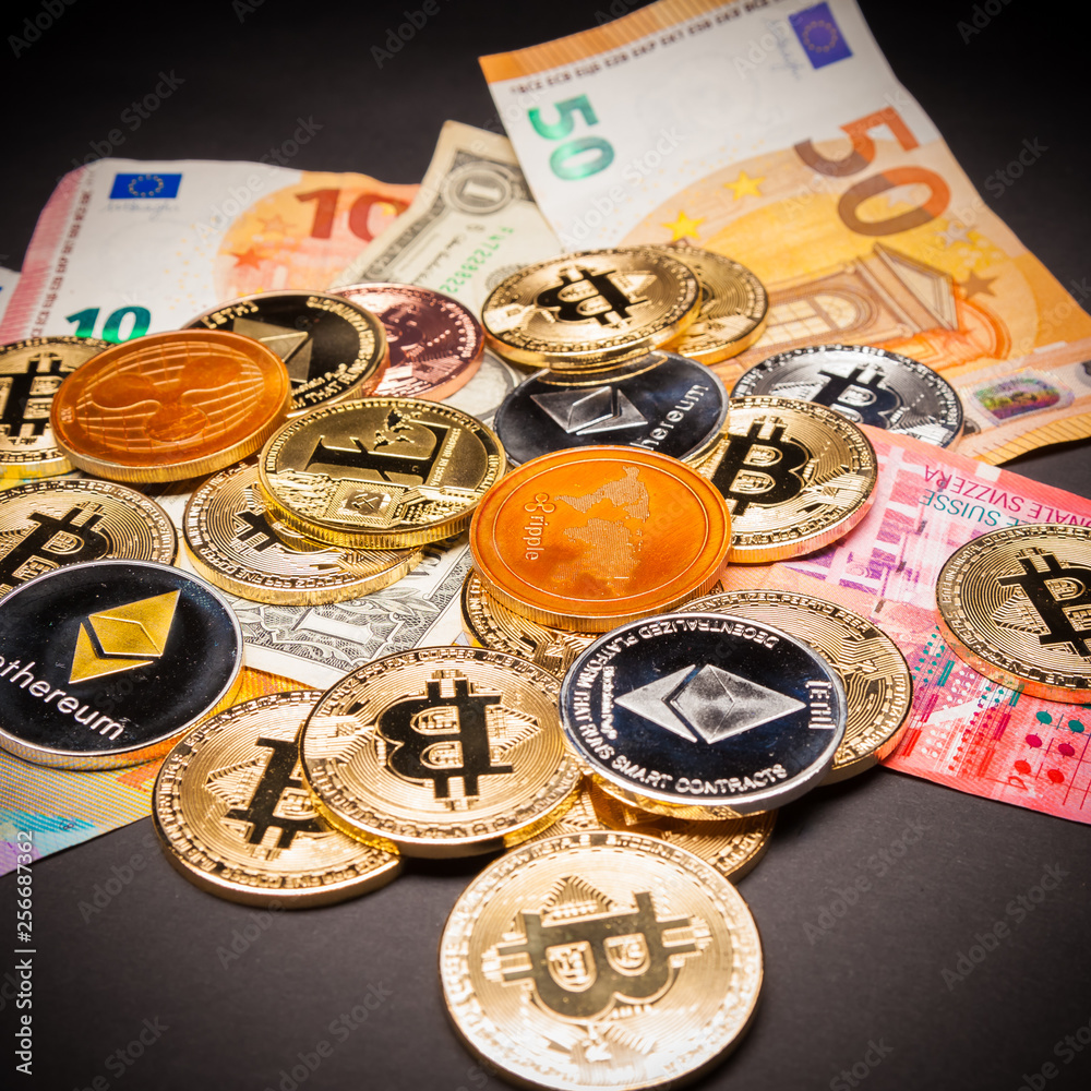 Pile of Cryptocurrencies on Bank Notes