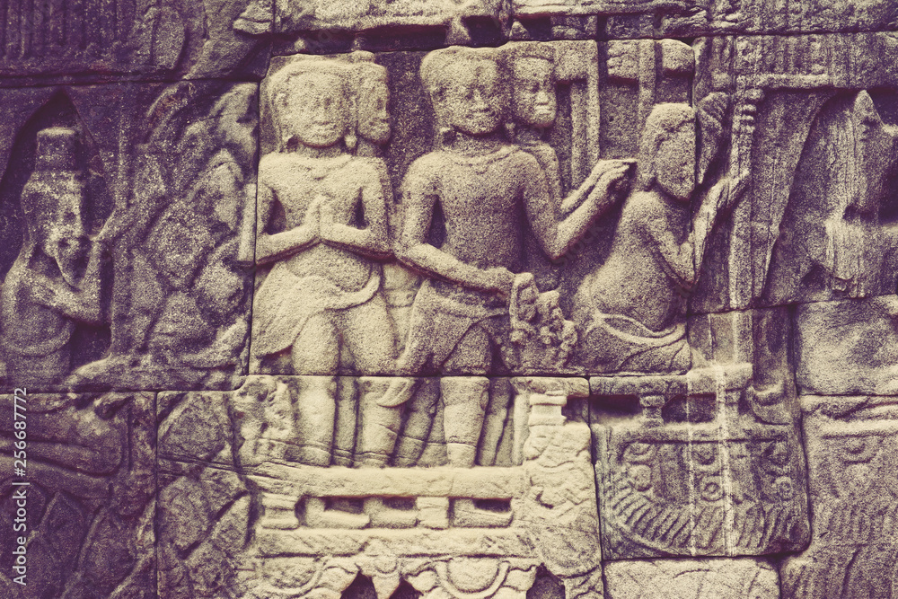 Naklejka premium Angkor Wat Wall and Sculpture Texture