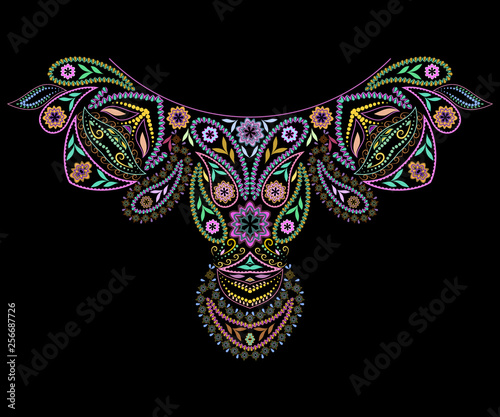 Neckline ethnic design. Floral colorful traditional pattern. Vector print with decorative elements and paisley for embroidery, for women's clothing.