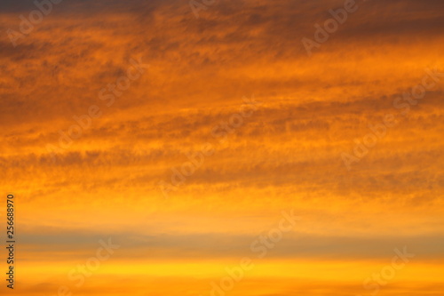 Intense colorful golden sky with layer of cloud at the evening before sunset