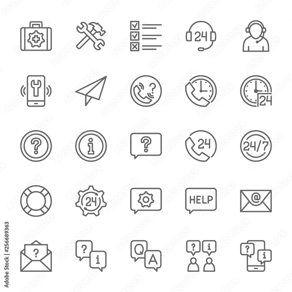 Set of Help and Support Line Icons. Call Center, Chat Message, Contact and more. Set of Help and Support Line Icons. Call Center, Chat Message, Contact and more.