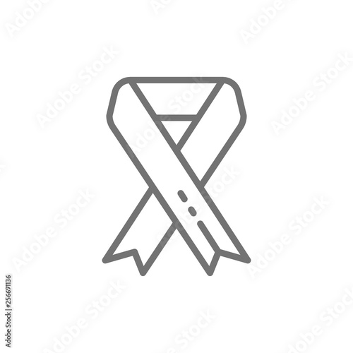 Breast cancer ribbon, malignant tumor, oncology, donation, volunteering line icon.
