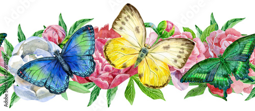 Seamless floral border with colorful butterflies and peonies on white background